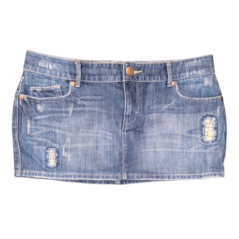 Decree Y2K Denim Mini Skirt Size 13 Distressed Floral Patches Raw Hem Streetwear